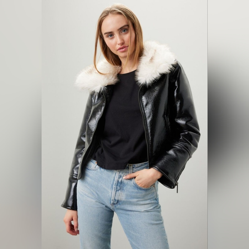 UNREAL FUR Wet Look Black Moto Jacket-NWT-SzM. NWOT- high end boutique/ PATENT - Picture 9 of 10
